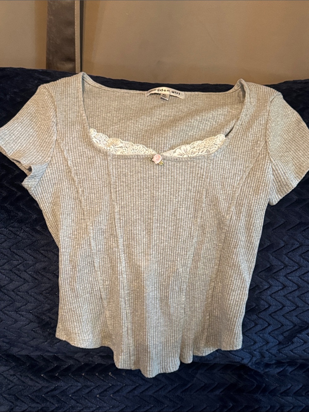 Madden Girl Light Gray Ribbed Scoop Tee with Lace Accent